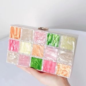 Funky Blush/Multi Square Pattern Acrylic Resin Clutch NEW